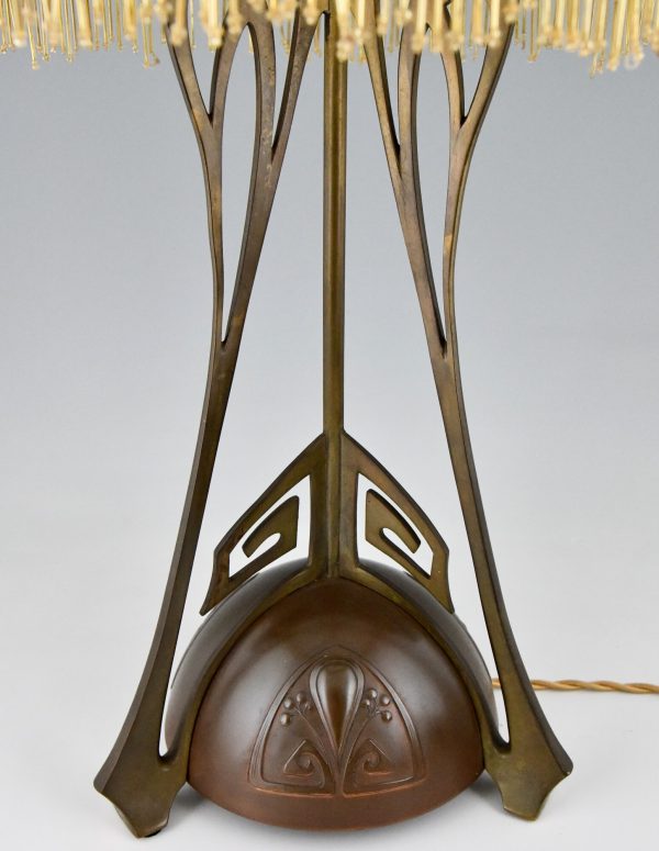 Art Nouveau copper, brass and glass cabochons table lamp