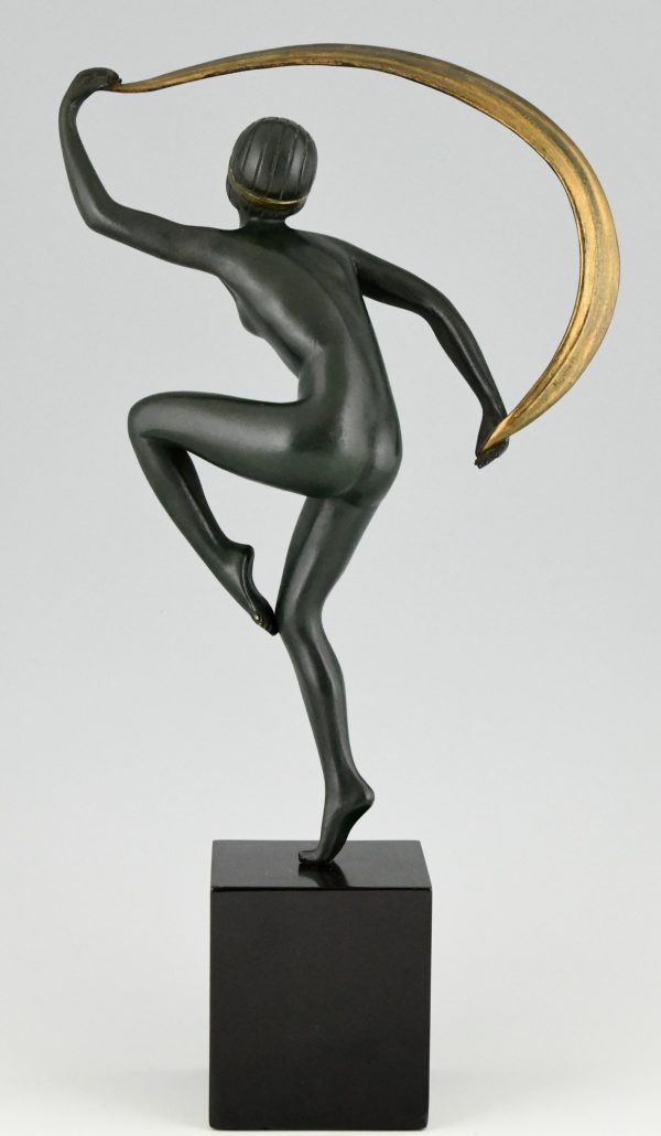 Art Deco sculpture en bronze danseuse aux foulard