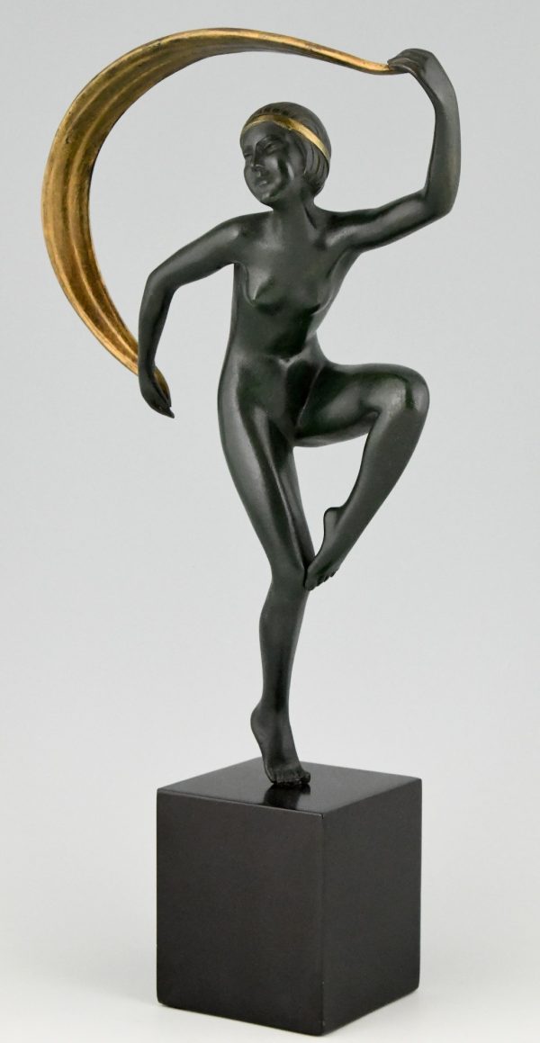 Art Deco bronzen sculptuur dansend naakt met sluier