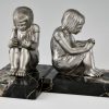 Art Deco bronzen boekensteunen met lezende meisjes