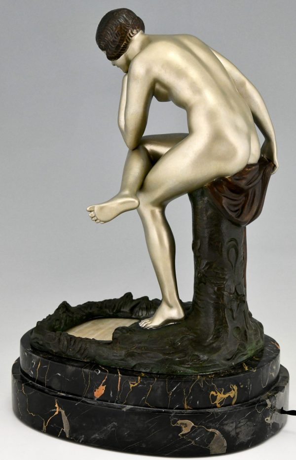 Art Deco bronze lamp nude at a pond