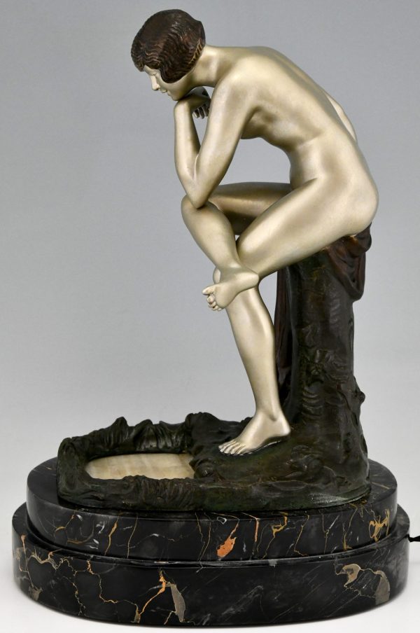 Art Deco bronze lamp nude at a pond