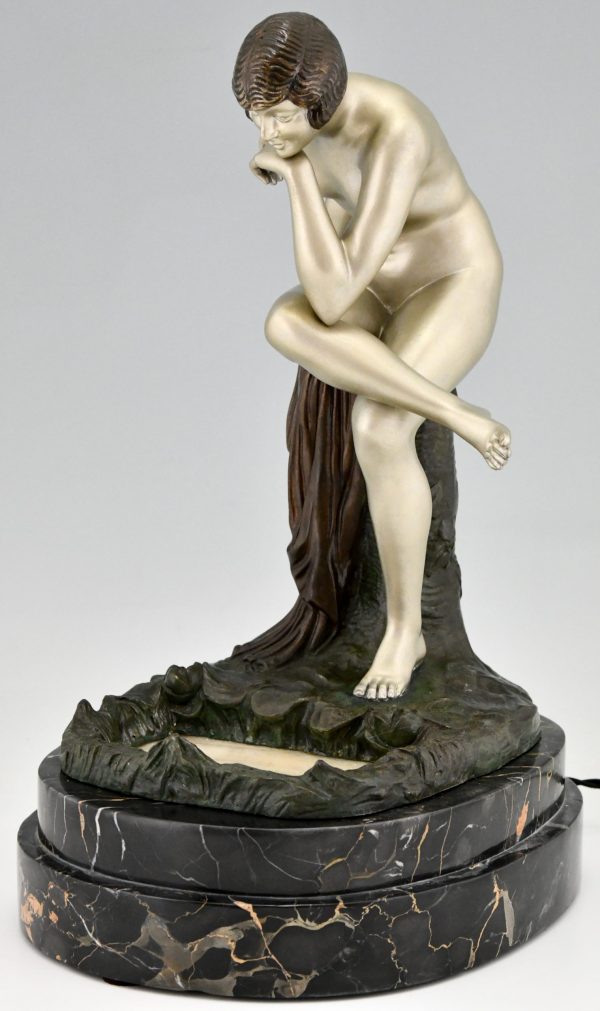 Art Deco bronze lamp nude at a pond