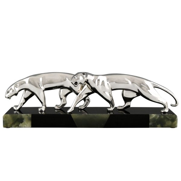 Art Deco Skulptur Bronze versilbert zwei Panther