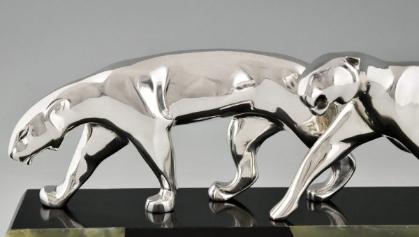 Art Deco silvered bronze sculpture two panthers