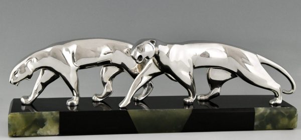 Art Deco silvered bronze sculpture two panthers