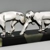 Art Deco verzilverd bronzen sculptuur met twee panters