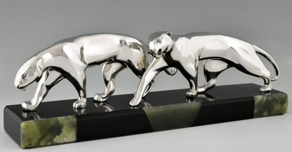 Art Deco silvered bronze sculpture two panthers