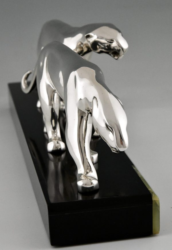 Art Deco silvered bronze sculpture two panthers