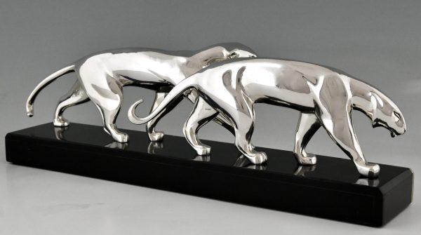 Art Deco Skulptur Bronze versilbert zwei Panther