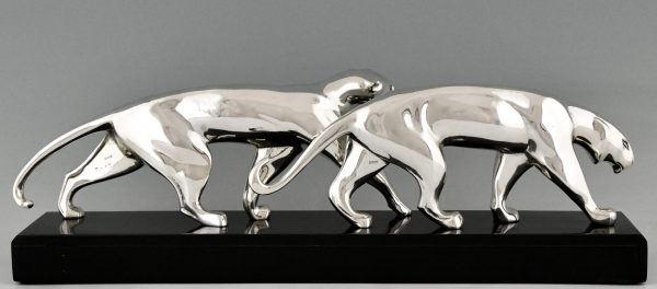 Art Deco Skulptur Bronze versilbert zwei Panther