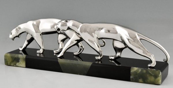 Art Deco Skulptur Bronze versilbert zwei Panther