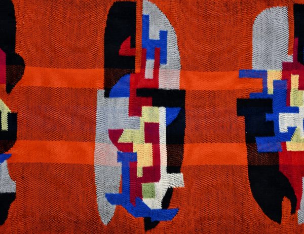 Tapisserie abstraite orange années 60 tissé par l’artiste