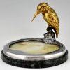 Antiek bronzen schaal sculptuur met  ijsvogel