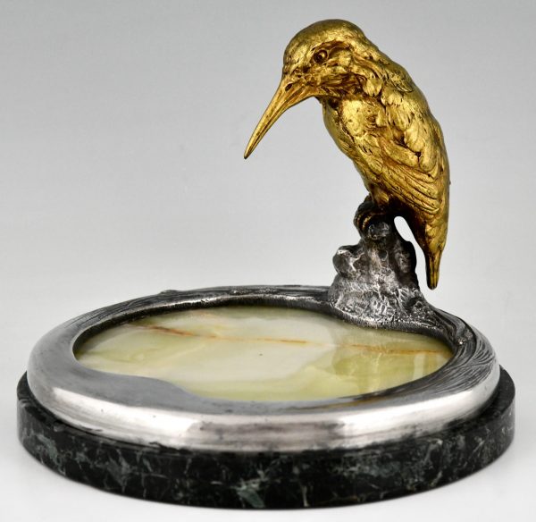 Antiek bronzen schaal sculptuur met  ijsvogel