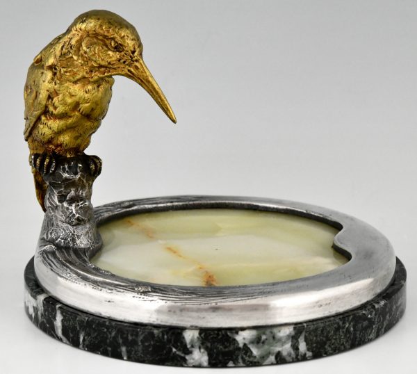 Antiek bronzen schaal sculptuur met  ijsvogel