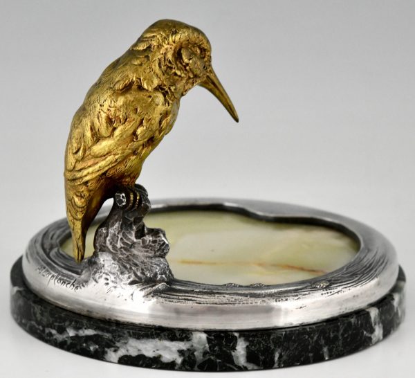 Antiek bronzen schaal sculptuur met  ijsvogel