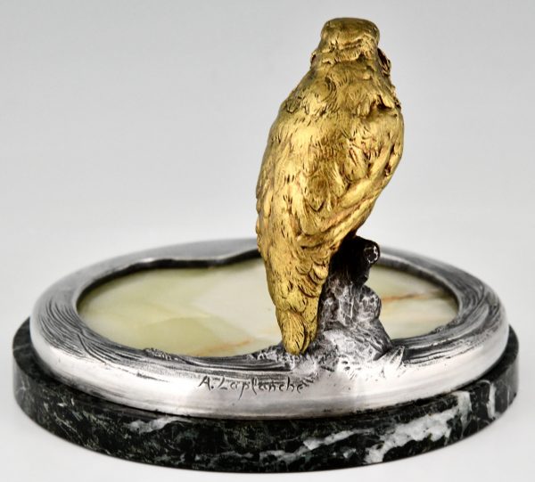 Antiek bronzen schaal sculptuur met  ijsvogel