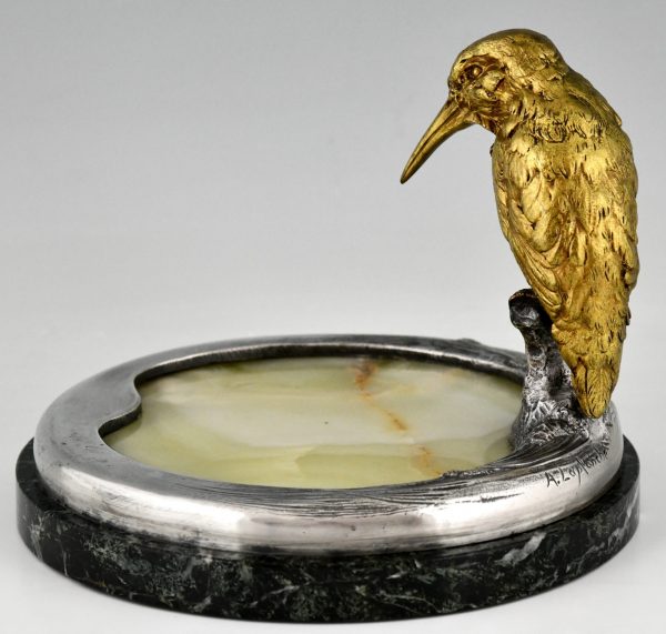 Antiek bronzen schaal sculptuur met  ijsvogel