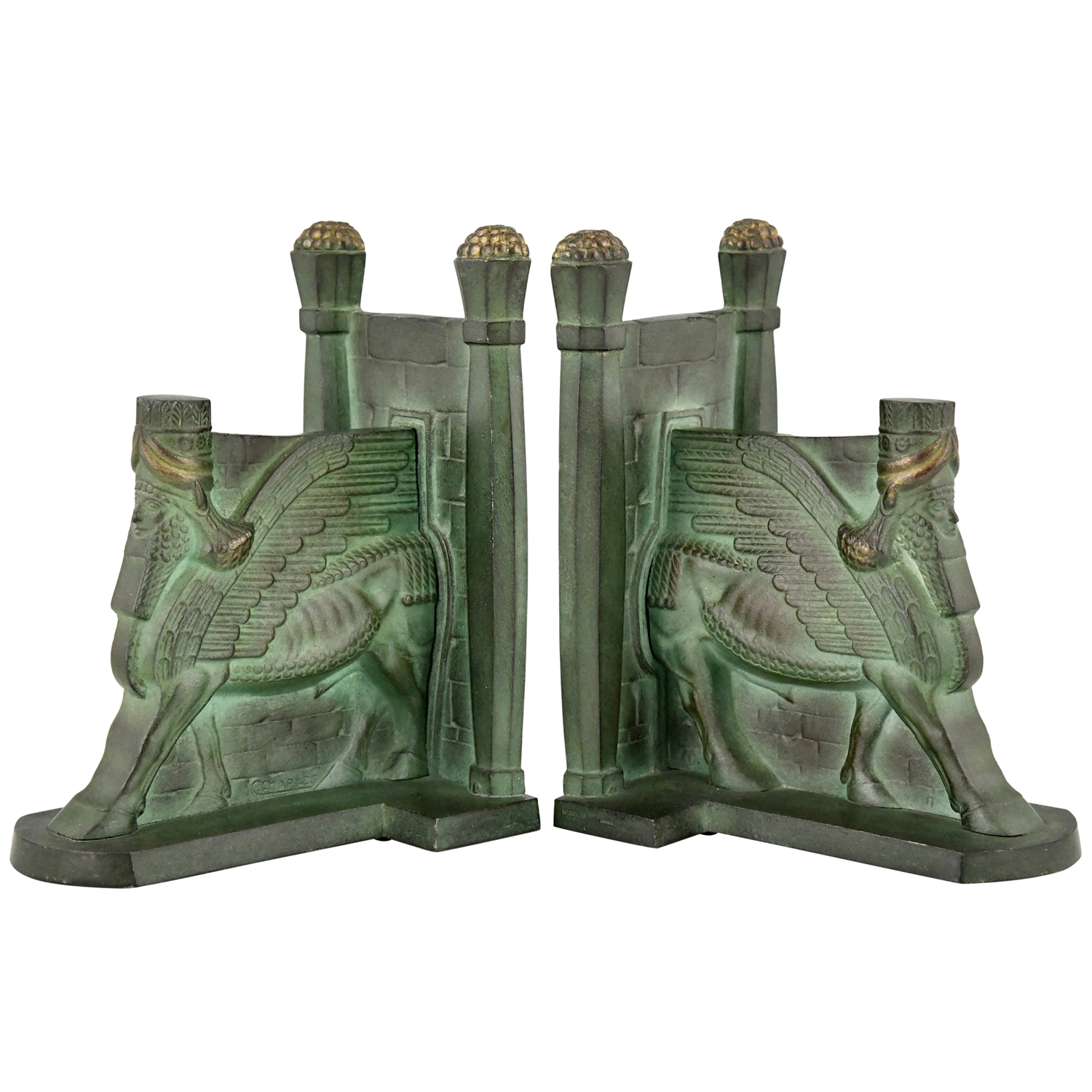 Art Deco serre livres en bronze Lamassu