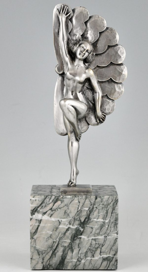 Art Deco silvered bronze sculpture dancer with feathers