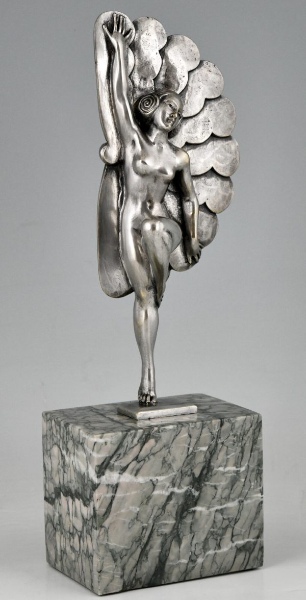 Art Deco silvered bronze sculpture dancer with feathers