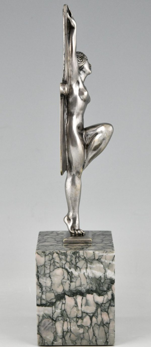 Art Deco silvered bronze sculpture dancer with feathers