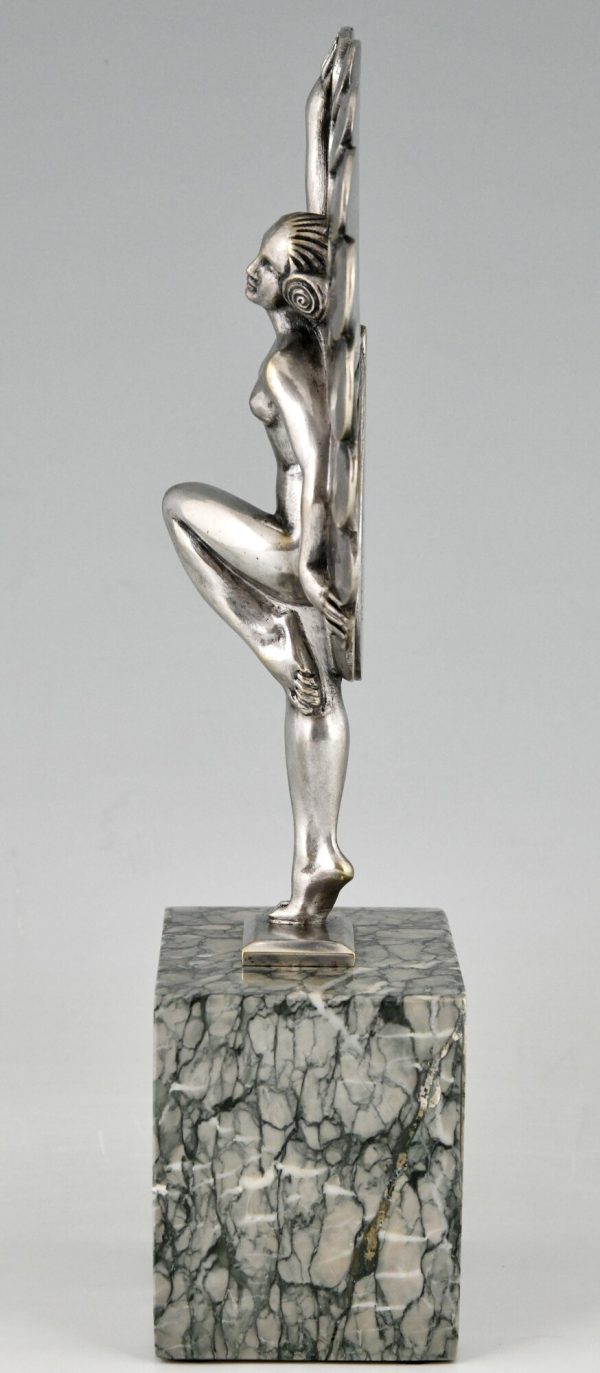 Art Deco silvered bronze sculpture dancer with feathers