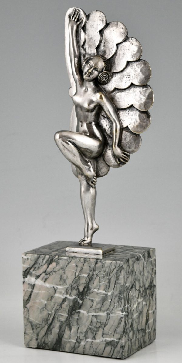 Art Deco silvered bronze sculpture dancer with feathers