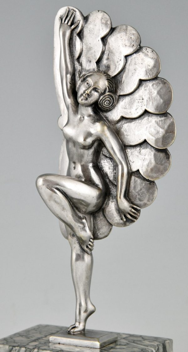 Art Deco silvered bronze sculpture dancer with feathers