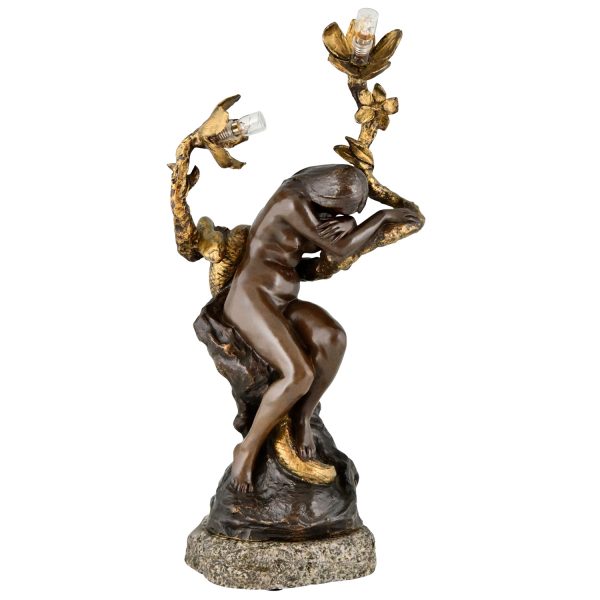 Art Nouveau bronze lamp nude with snake and flowers