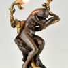 Lampe en bronze Art Nouveau femme nue, serpent et fleurs