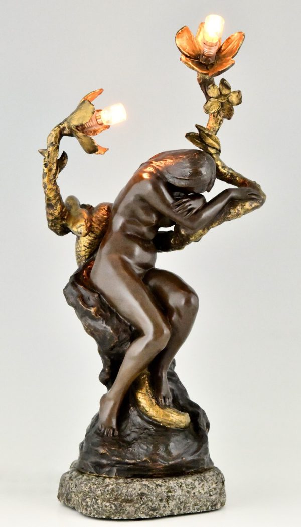 Art Nouveau bronze lamp nude with snake and flowers