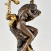 Lampe en bronze Art Nouveau femme nue, serpent et fleurs