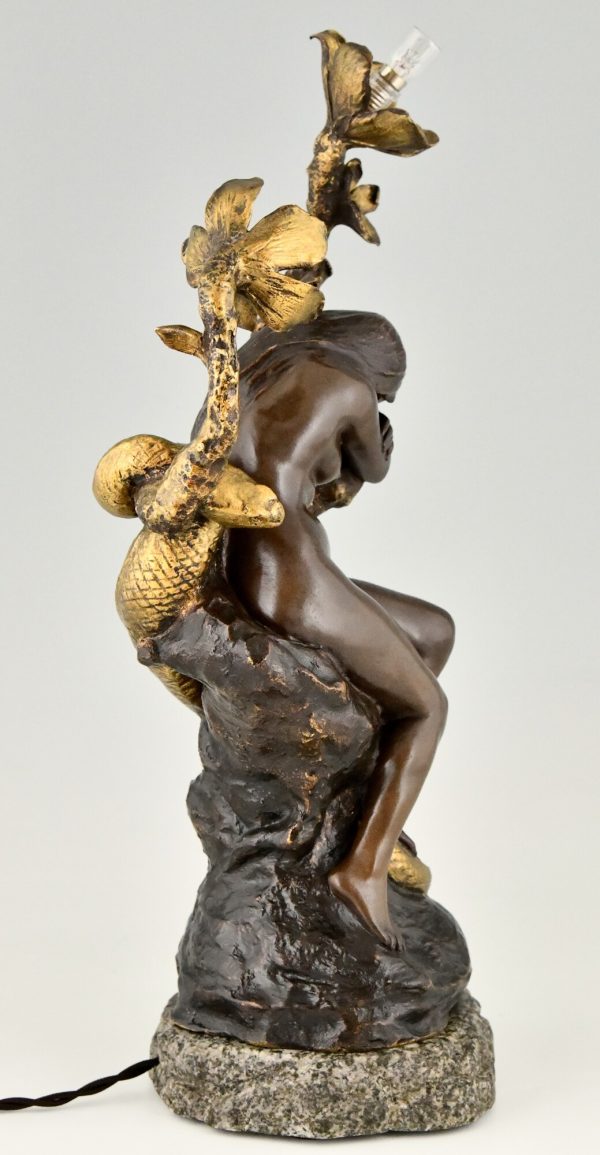 Art Nouveau bronze lamp nude with snake and flowers