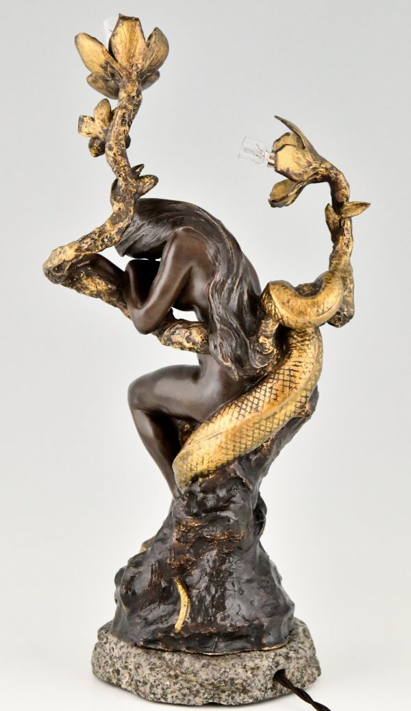 Art Nouveau bronze lamp nude with snake and flowers