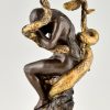 Art Nouveau bronze lamp nude with snake and flowers