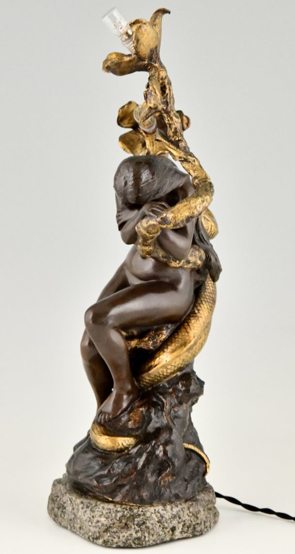 Art Nouveau bronze lamp nude with snake and flowers