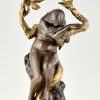 Art Nouveau bronze lamp nude with snake and flowers