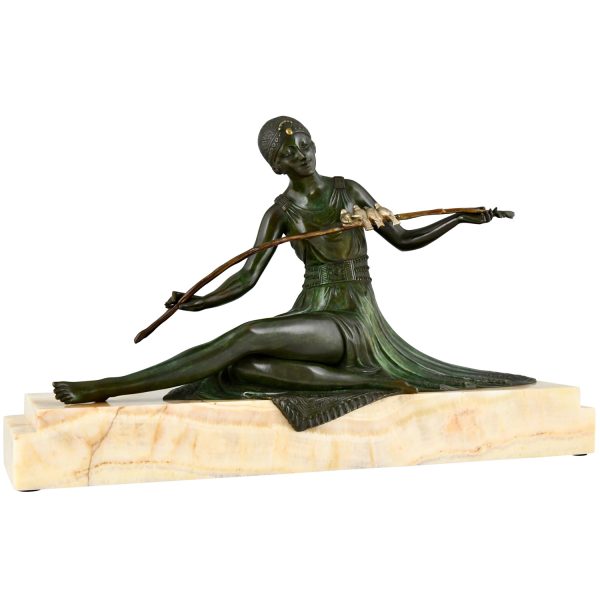 Art Deco bronzen sculptuur zittende vrouw met vogels