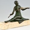 Art Deco bronzen sculptuur zittende vrouw met vogels