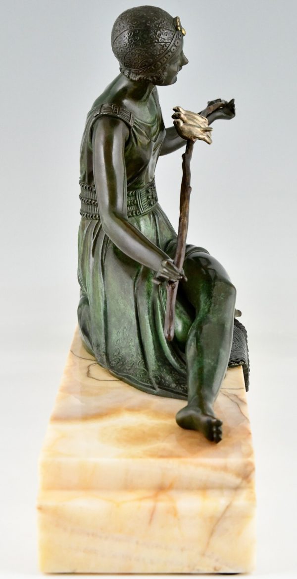 Art Deco bronze sculpture seated lady with birds