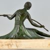 Art Deco bronzen sculptuur zittende vrouw met vogels