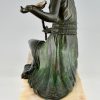 Art Deco bronzen sculptuur zittende vrouw met vogels