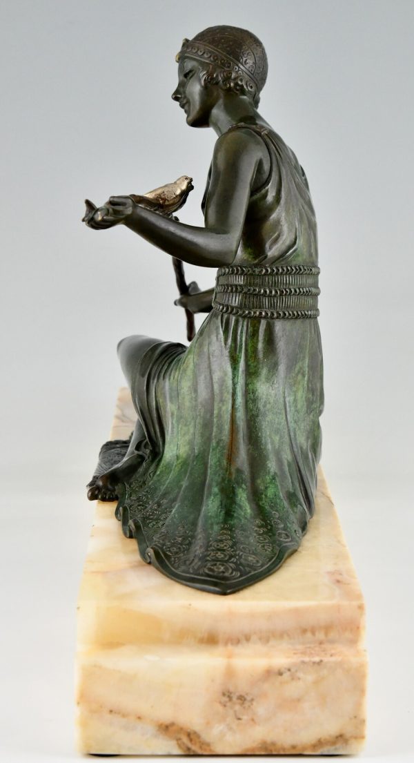 Art Deco bronze sculpture seated lady with birds