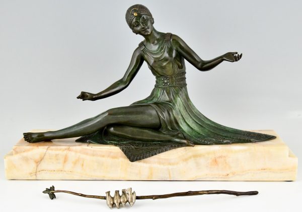 Art Deco bronze sculpture seated lady with birds