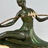 Art Deco bronze sculpture seated lady with birds