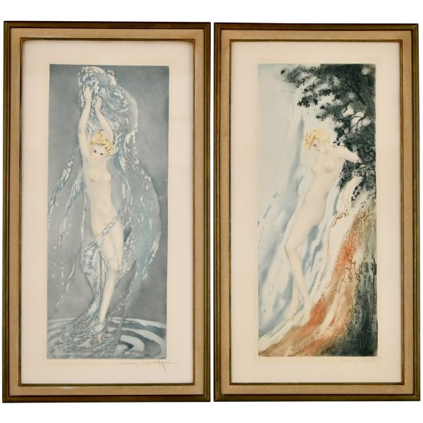 Pair of Art Deco etchings nudes in the waves