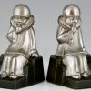 Art Deco bronzen boekensteunen met pierrots