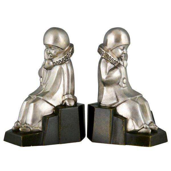 Art Deco serre livres en bronze Pierrots